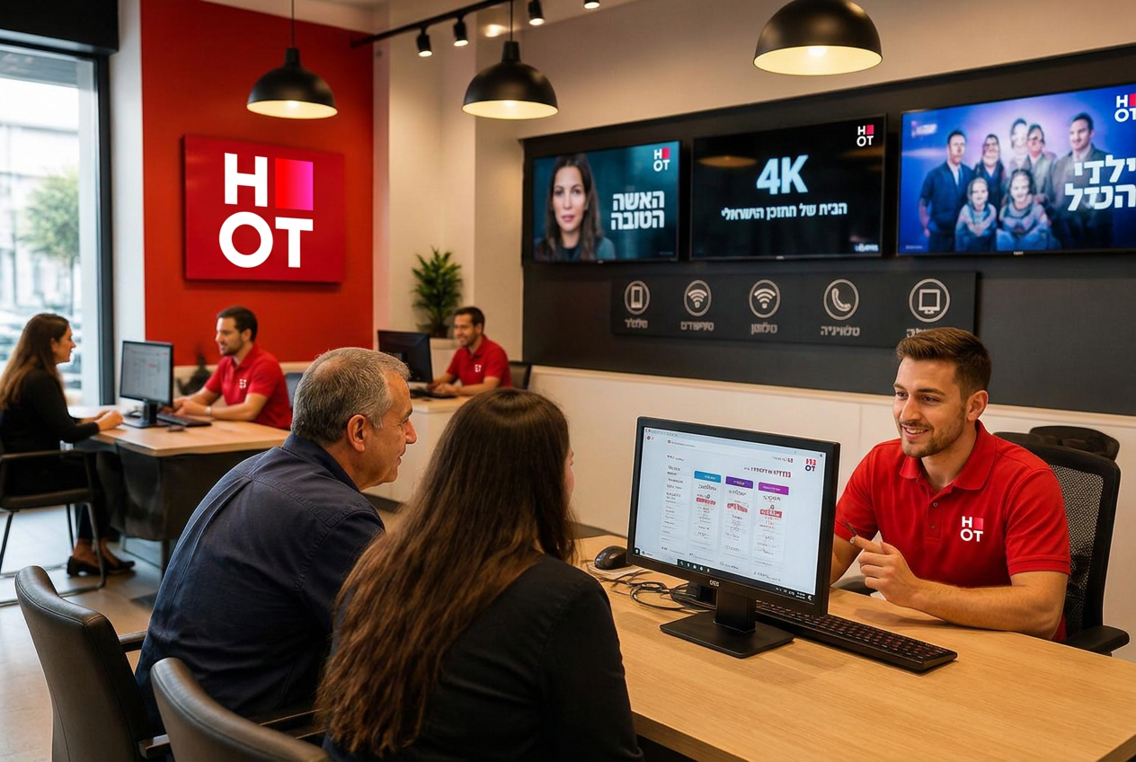 נציגי מכירות HOT מייעצים ללקוחות בתוך מוקד מכירות מודרני
