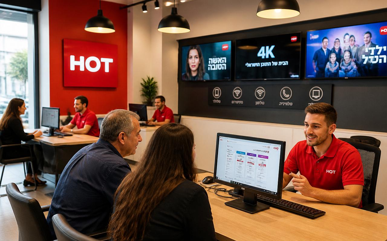 נציגי מכירות HOT מייעצים ללקוחות בתוך מוקד מכירות מודרני